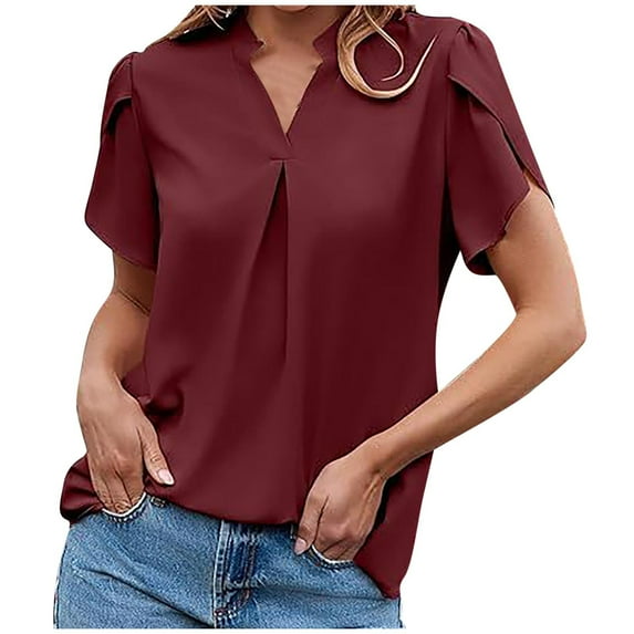 Lovskoo 2024 Summer Tops Womens Fashion Short Sleeve V Neck Casual Solid Color Petal Sleeve Pullover Blouse Tops Burgundy XL