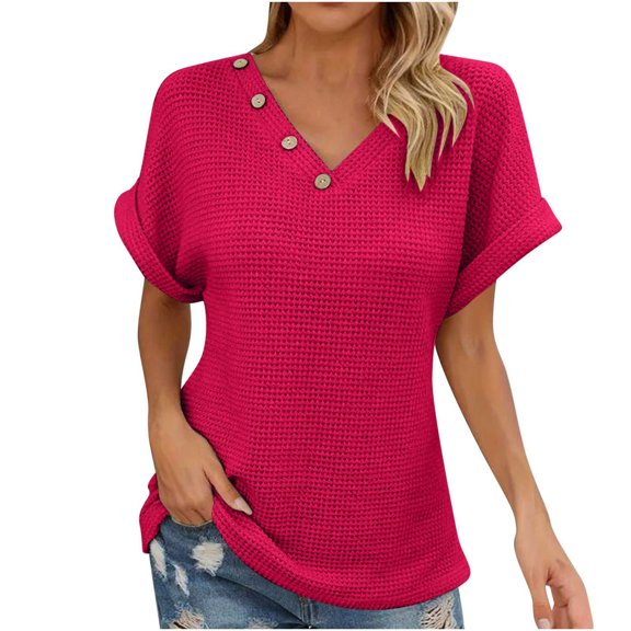 Lovskoo 2024 Summer Tops Womens Fashion Short Sleeve V Neck Solid Color Casual T-Shirt Spring Clothing Shirts for Women Hot Pink L