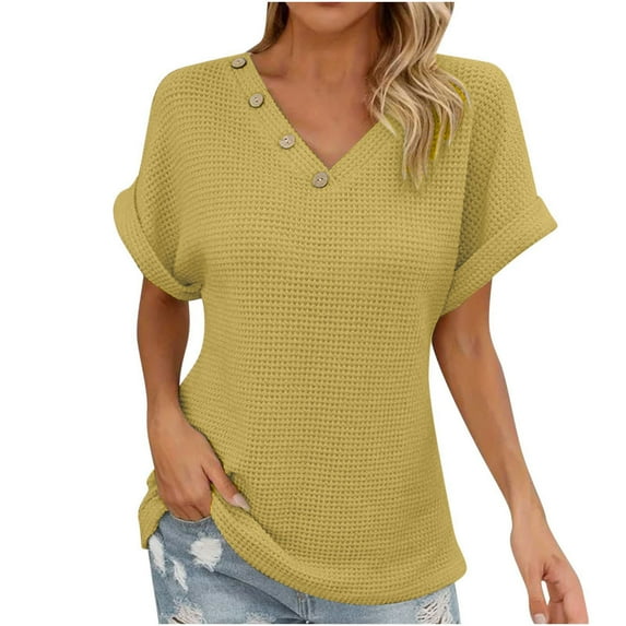 Lovskoo 2024 Summer Tops Womens Fashion Short Sleeve V Neck Solid Color Casual T-Shirt Spring Clothing Shirts for Women Yellow XL