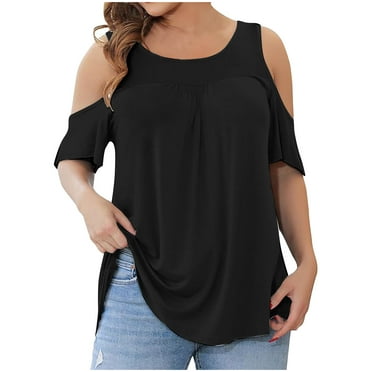 Lovskoo 2024 Summer Tops for Women Trendy Plus Size Cold Shoulder Short Sleeve Round Neck Basic Casual T-Shirt Loose Shirt Black 2XL