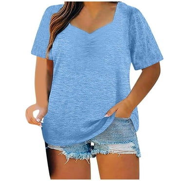 Lovskoo 2024 Summer Tops for Women Trendy Plus Size Short Sleeve V Neck Solid Color Oversized T-Shirt Top Light Blue XL