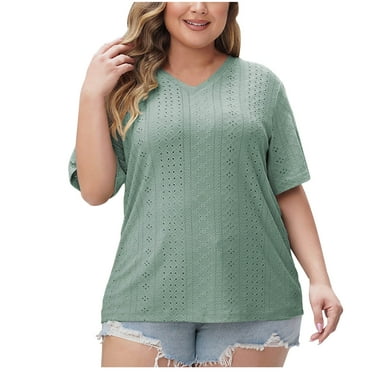 Lovskoo 2024 Summer Tops for Women Trendy Plus Size Short Sleeve V Neck Solid Color Shirt Oversized Casual Top Green 2XL