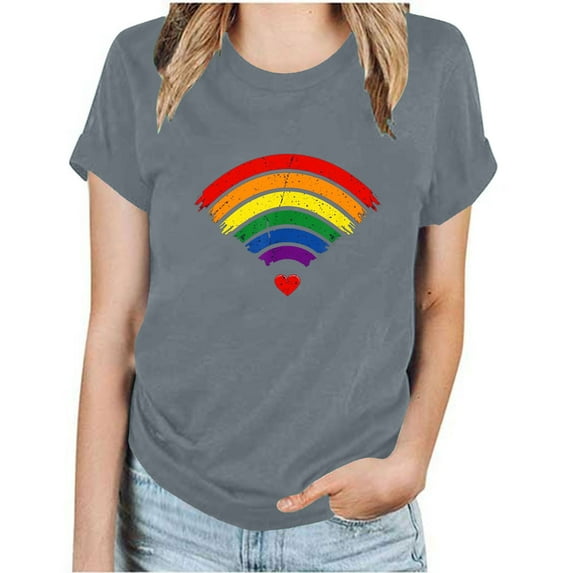 Lovskoo 2024 Summer Tops for Women Trendy Short Sleeve Lgbt Pride Month Printed Floral Print Casual Crewneck Tops Pullover Blouse T-Shirt Gray 2XL