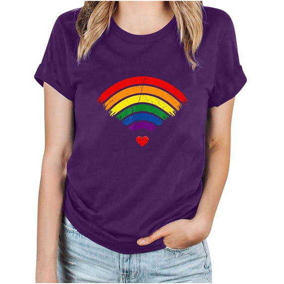 Lovskoo 2024 Summer Tops for Women Trendy Short Sleeve Lgbt Printed Floral Print Casual Crewneck Tops PulHeartr Blouse T-Shirt Purple M