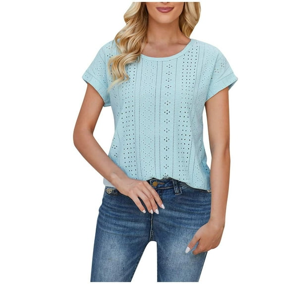Lovskoo 2024 Summer Tops for Women Trendy Short Sleeve Round Neck Spring Casual Loose Shirts for Women Blue M