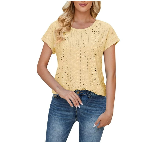 Lovskoo 2024 Summer Tops for Women Trendy Short Sleeve Round Neck Spring Casual Loose Shirts for Women Yellow M