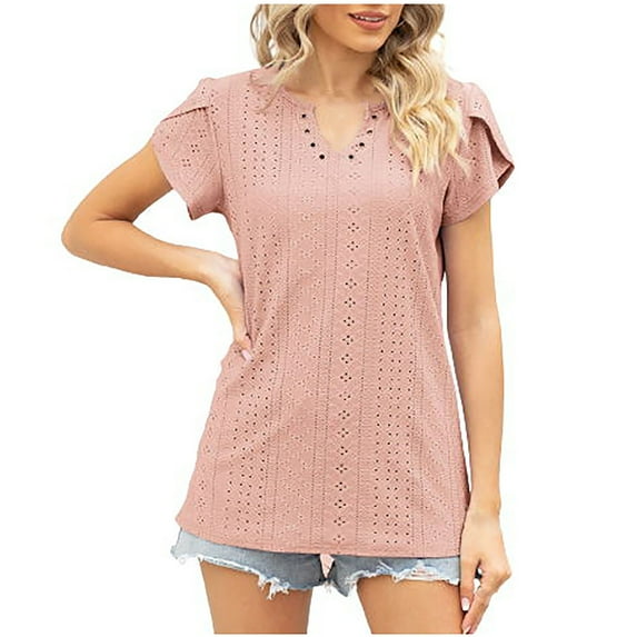 Lovskoo 2024 Summer Tops for Women Trendy Short Sleeve V Neck Trendy Summer Leisure Solid Color Tops Pink L