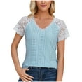 thumbnail image 1 of Lovskoo 2024 Summer Tops for Women Trendy Short Sleeve V Neck Versatile Comfortable Lace Patchwork Top Shirts for Women Blue L, 1 of 9