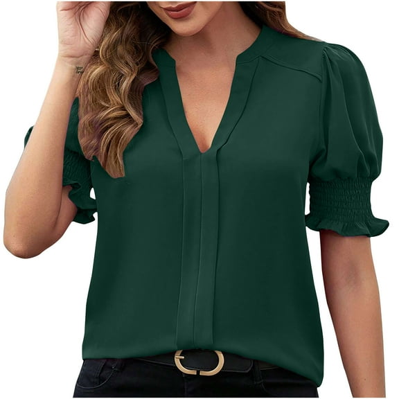 Lovskoo 2024 Summer Tops for Women Trendy Solid Color Short Sleeve Summer V Neck Casual Tops Regular Blouse Tops Green-2XL