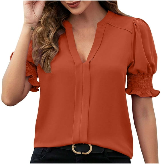 Lovskoo 2024 Summer Tops for Women Trendy Solid Color Short Sleeve Summer V Neck Casual Tops Regular Blouse Tops Orange-2XL