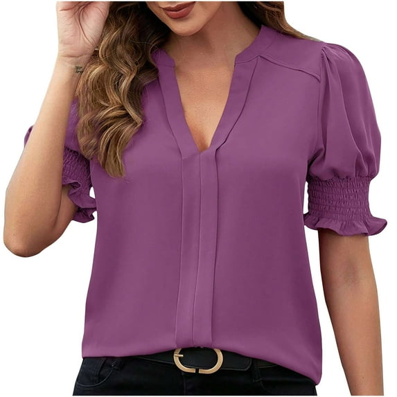 Lovskoo 2024 Summer Tops for Women Trendy Solid Color Short Sleeve Summer V Neck Casual Tops Regular Blouse Tops Purple-M