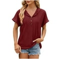 thumbnail image 1 of Lovskoo 2024 Summer Tops for Women Trendy Solid Color V-Neck Hollow Out Recreational Short Sleeve Tops Blouse Claret-XL, 1 of 5