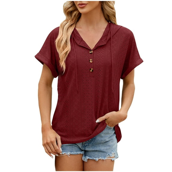 Lovskoo 2024 Summer Tops for Women Trendy Solid Color V-Neck Hollow Out Recreational Short Sleeve Tops Blouse Claret-XL
