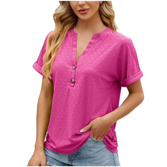 Lovskoo 2024 Summer Tops for Women Trendy Solid Color V-Neck Hollow Out Recreational Short Sleeve Tops Blouse Hot Pink-M