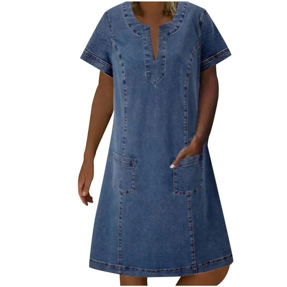 Gpaecead 2024 Summer Womens Denim Dress V-Neck Midi Dress Casual Roll Up Short Sleeve Loose Dress Blue