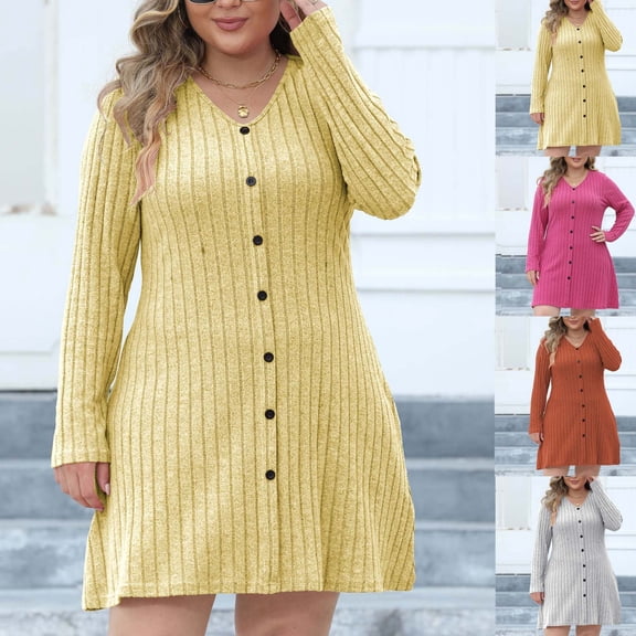 Lovskoo 2024 Sweater Dress for Women Casual V-Neck Woolen Dress with Waistband Slim Large Size Dress Brown