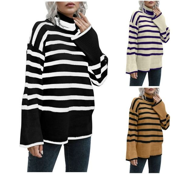 Lovskoo 2024 Sweaters for Women Casual Long Sleeve Turtleneck Sweater Side Slit Knitted Loose Blouse Dark Blue