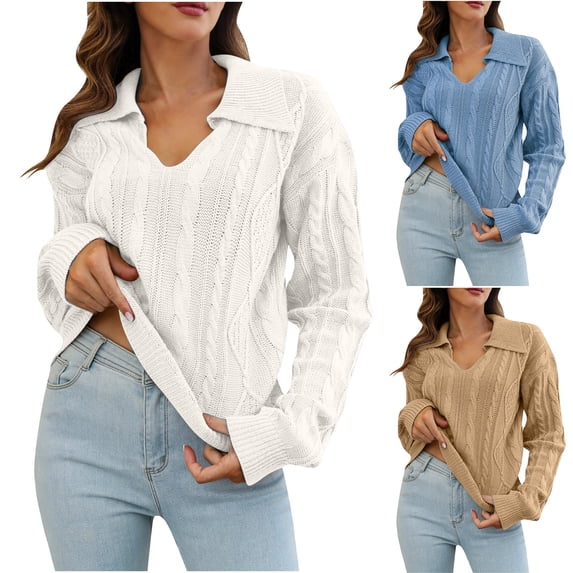 Lovskoo 2024 Sweaters for Women Casual Pure Color Lapel Dough Twists Long Sleeve Loose Pullover V-Neck Sweater Khaki