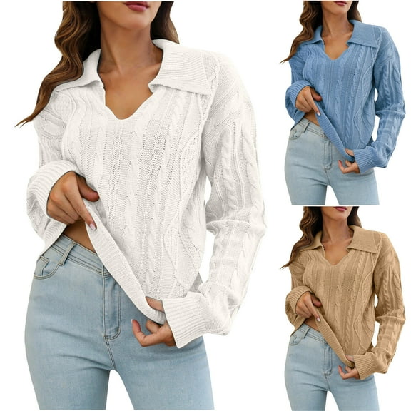 Lovskoo 2024 Sweaters for Women Casual Pure Color Lapel Dough Twists Long Sleeve Loose Pullover V-Neck Sweater White