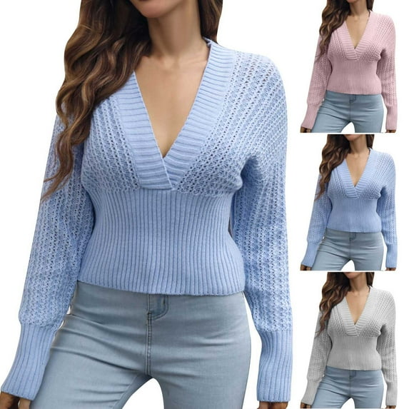 Lovskoo 2024 Sweaters for Women Fall Trendy Casual Comfortable Long Sleeve V-Neck Sweater Pink