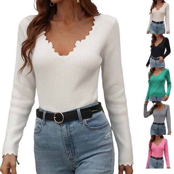 Lovskoo 2024 Sweaters for Women Hollow Out Sweater V Neck Long Sleeve Slim Fit Knitwear Casual Pullover Sweater Black