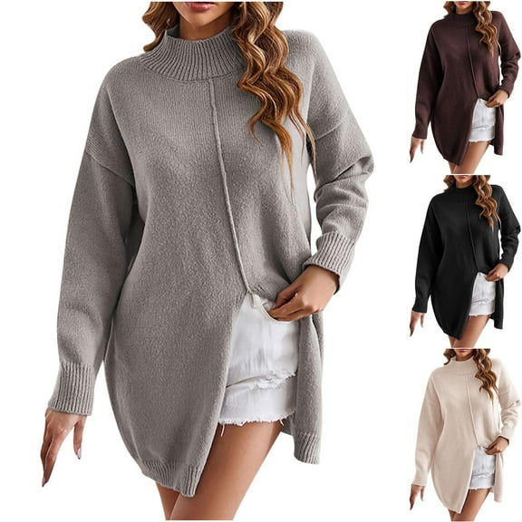 Lovskoo 2024 Sweaters for Women Long Sleeve Casual Side Split Stripe Turtleneck Sweater Top Khaki