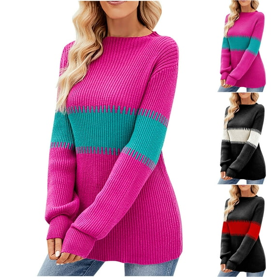 Lovskoo 2024 Sweaters for Women Long Sleeve Casual Stripe Round Neck Sweater Color Block Tunic Top Green