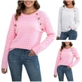 thumbnail image 1 of Lovskoo 2024 Sweaters for Women Long Sleeve Casual Stripe Round Neck Sweater Top Pink, 1 of 4