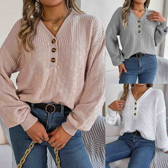 Lovskoo 2024 Sweaters for Women Long Sleeve Casual V-Neck Button Hollow Out Lantern Sleeve Top Sweater White