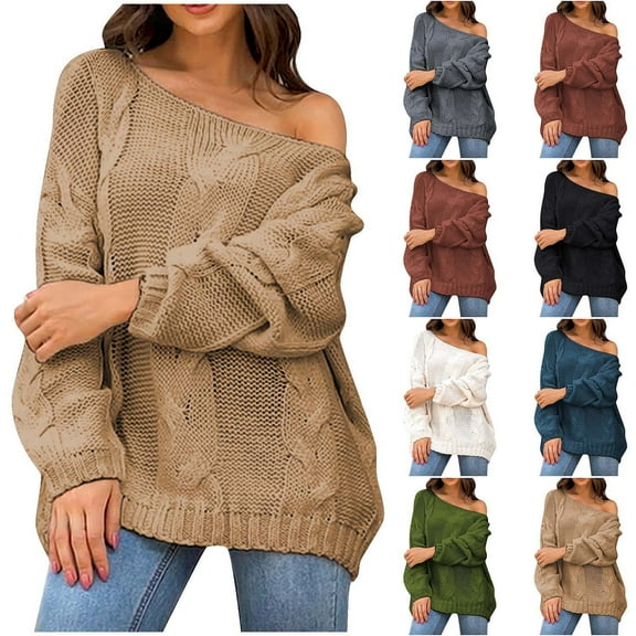 Lovskoo 2024 Sweaters for Women Long Sleeve Loose Knit Sweater Comfortable Round Neck Trendy Pullover Sweater Clothing Khaki
