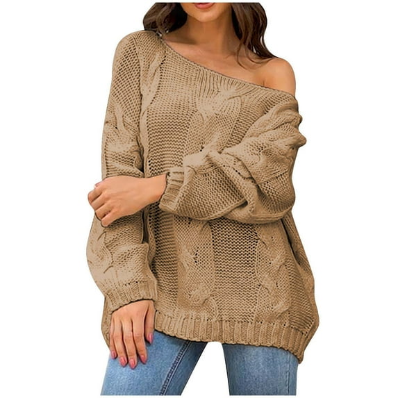 Lovskoo 2024 Sweaters for Women Long Sleeve Loose Knit Sweater Comfortable Round Neck Trendy Pullover Sweater Clothing Khaki
