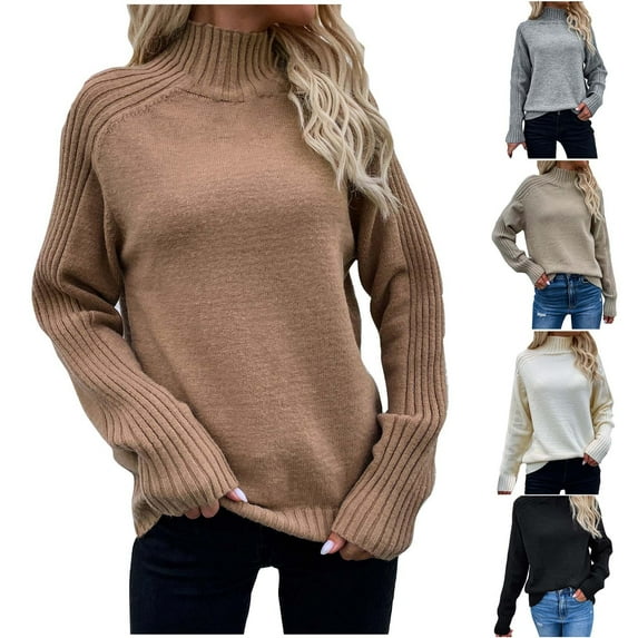Lovskoo 2024 Sweaters for Women Long Sleeve Loose Solid Color Trendy Turtleneck Pullover Sweater Beige