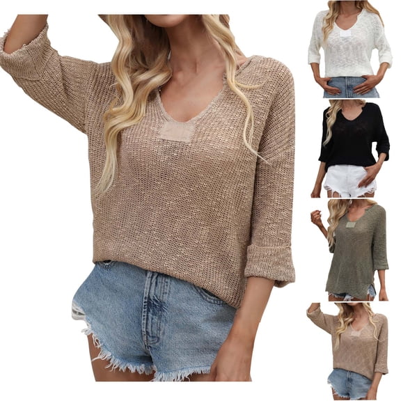Lovskoo 2024 Sweaters for Women Long Sleeve Plus-Size Loose Solid Color V-Neck Pullover Sweater Khaki