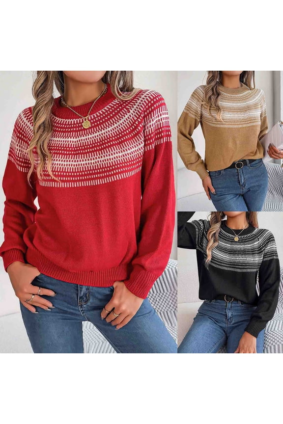 Sweaters for Women Long Sleeve Retro Contrasting Cable Knit Lantern Sleeve Pullover Sweater Top Red