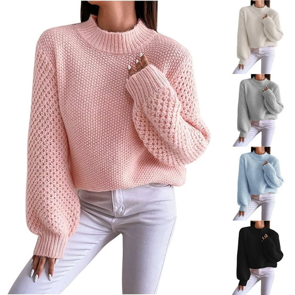 Lovskoo 2024 Sweaters for Women Long Sleeve Solid Casual Sweater Round Neck Warm Tight Pullover Pink