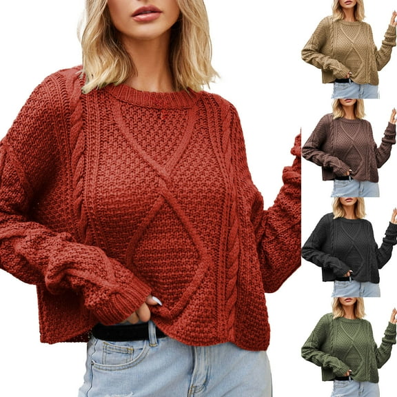 Lovskoo 2024 Sweaters for Women Long Sleeve Solid Round Neck Cable Knit Cord Knit Loose Thick Needle Pullover Sweater Black