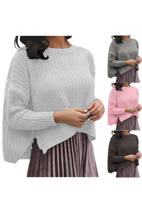 2024 Sweaters for Women Long Sleeve Solid Round Neck Knit Pullover Side Split Button Short Sweater Khaki