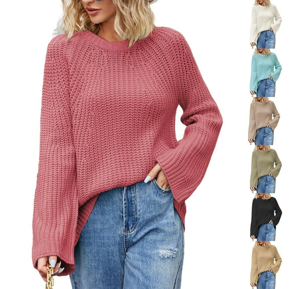 Lovskoo 2024 Sweaters for Women Long Sleeve Solid Round Neck Trendy Knitwear Loose Pullover Sweater Coffee