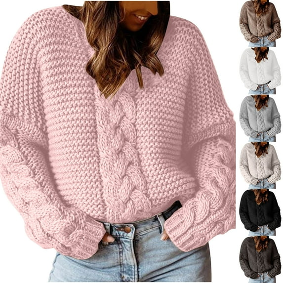 Lovskoo 2024 Sweaters for Women Long Sleeve Trendy Solid Color Pullover V-Neck Cable Knit Loose Sweater Casual Sweater Brown