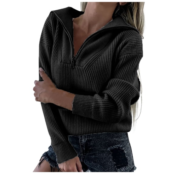 Lovskoo 2024 Sweaters for Women Long Sleeve V-Neck Solid Color Zipper Split Sweater Blouse Black