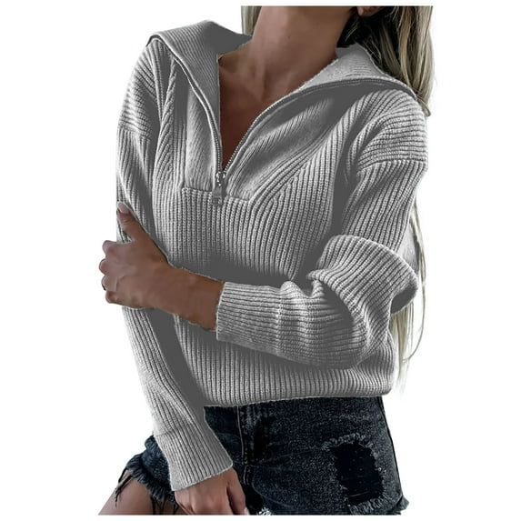 Lovskoo 2024 Sweaters for Women Long Sleeve V-Neck Solid Color Zipper Split Sweater Blouse Gray