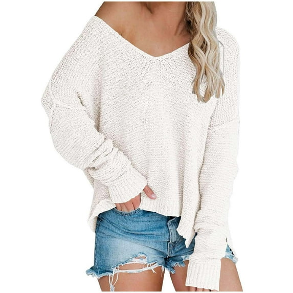 Lovskoo 2024 Sweaters for Women Off Shoulder Knitted Trendy Sweater Large Long Sleeve Comfortable V-Neck Loose Pullover Top White