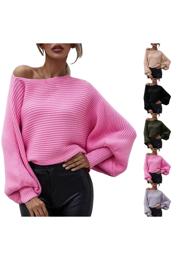 Sweaters for Women Plus Size Trendy Off Shoulder Knit Coat Top Round-Neck Loose Long Sleeve Splicing Coat Olive Green