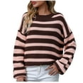 thumbnail image 1 of Lovskoo 2024 Sweaters for Women Striped Knitted Loose Pullover Sweater Long Sleeved Top Round Neck Sweater Coffee, 1 of 5