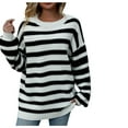 thumbnail image 1 of Lovskoo 2024 Sweaters for Women Striped Knitted Loose Pullover Sweater Long Sleeved Top Round Neck Sweater White, 1 of 5