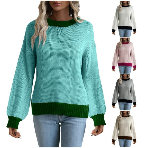 Lovskoo 2024 Sweaters for Women Trendy Casual Color Retro Knitting Long Sleeve Round Neck Sweater Beige