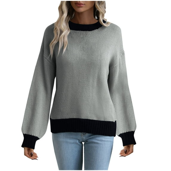 Lovskoo 2024 Sweaters for Women Trendy Casual Color Retro Knitting Long Sleeve Round Neck Sweater Gray