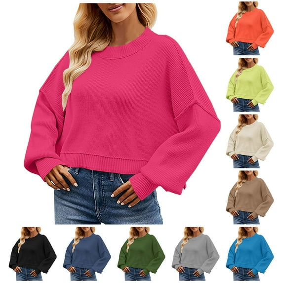 Lovskoo 2024 Sweaters for Women Trendy Casual Color Retro Knitting Long Sleeve Round Neck Sweater Gray