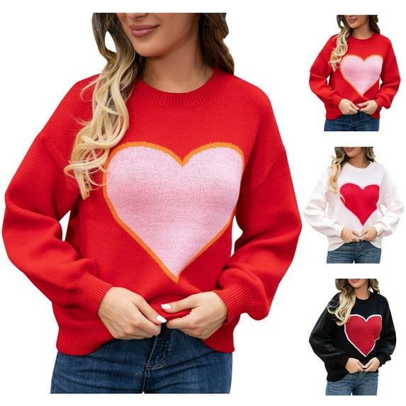 Lovskoo 2024 Sweaters for Women Trendy Casual Color Retro Knitting Long Sleeve Round Neck Sweater Red