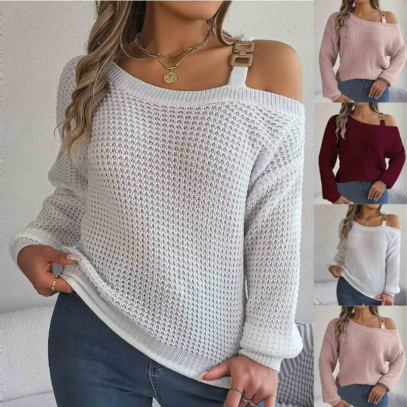 Lovskoo 2024 Sweaters for Women Trendy Casual Long Sleeve Off-The-Shoulder Solid Acrylic Tops Blouse Pink